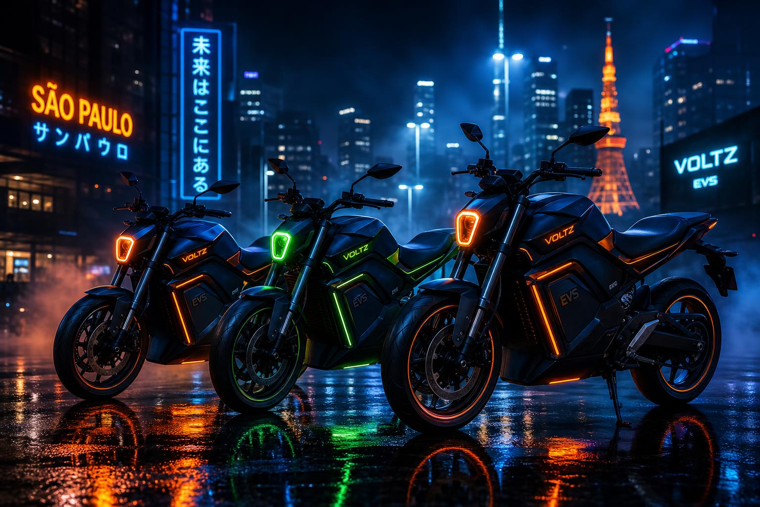 Linha de motos elétricas Voltz iluminadas em rua urbana à noite